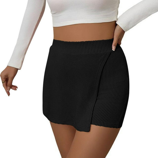 SwiftWear Women's Knit Mini Skorts - Mid-Rise Stretch Bodycon Skirt with Front Slit & Built-in Shorts