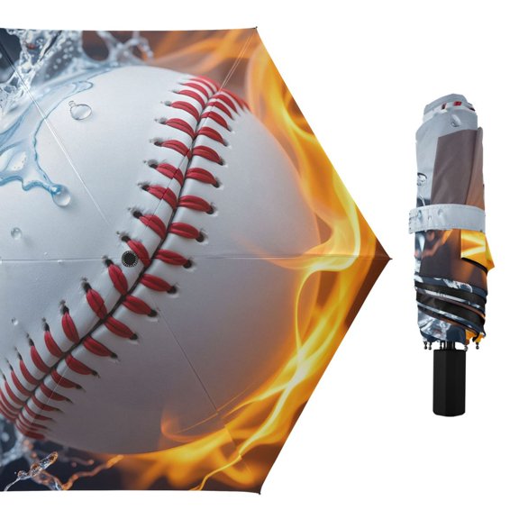 Baseball with Flame Water All Weather Umbrella Triple Folding Parasol 6 Ribs UV Protection Portable