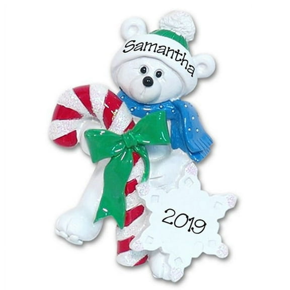 Polar Bear with Candy Cane Personalized Christmas Ornament