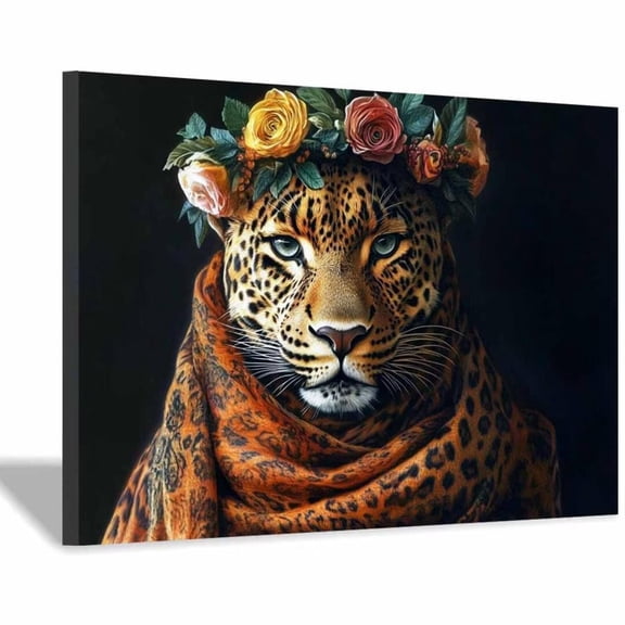 Mudket Framed Leopard with Flower Crown & Orange Scarf Canvas Wall Art, Trendy Leopard Print Wall Decor, Cute Animal Wall Art Ready to Hang - 12"L x 8"W