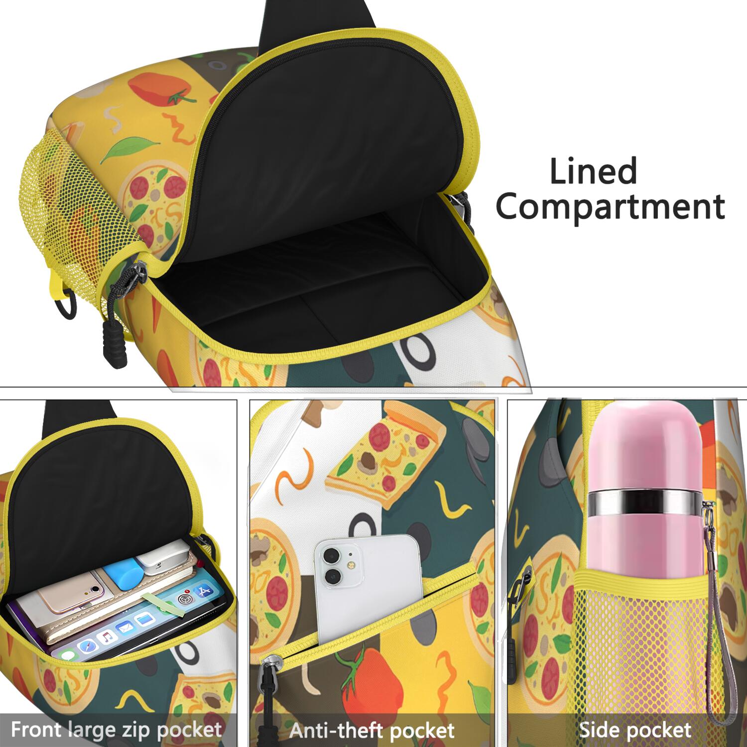 Sling Backpack Adjustable Shoulder StrapHiking Sling Backpack for Men Women Travelers Pizza