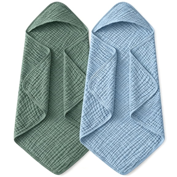 2 Pack Hooded Baby Towels - 100% Muslin Cotton for Newborns, Infants, Toddlers - Large 32x32Inch Size - Highly Absorbent and Essential for Newborn Care