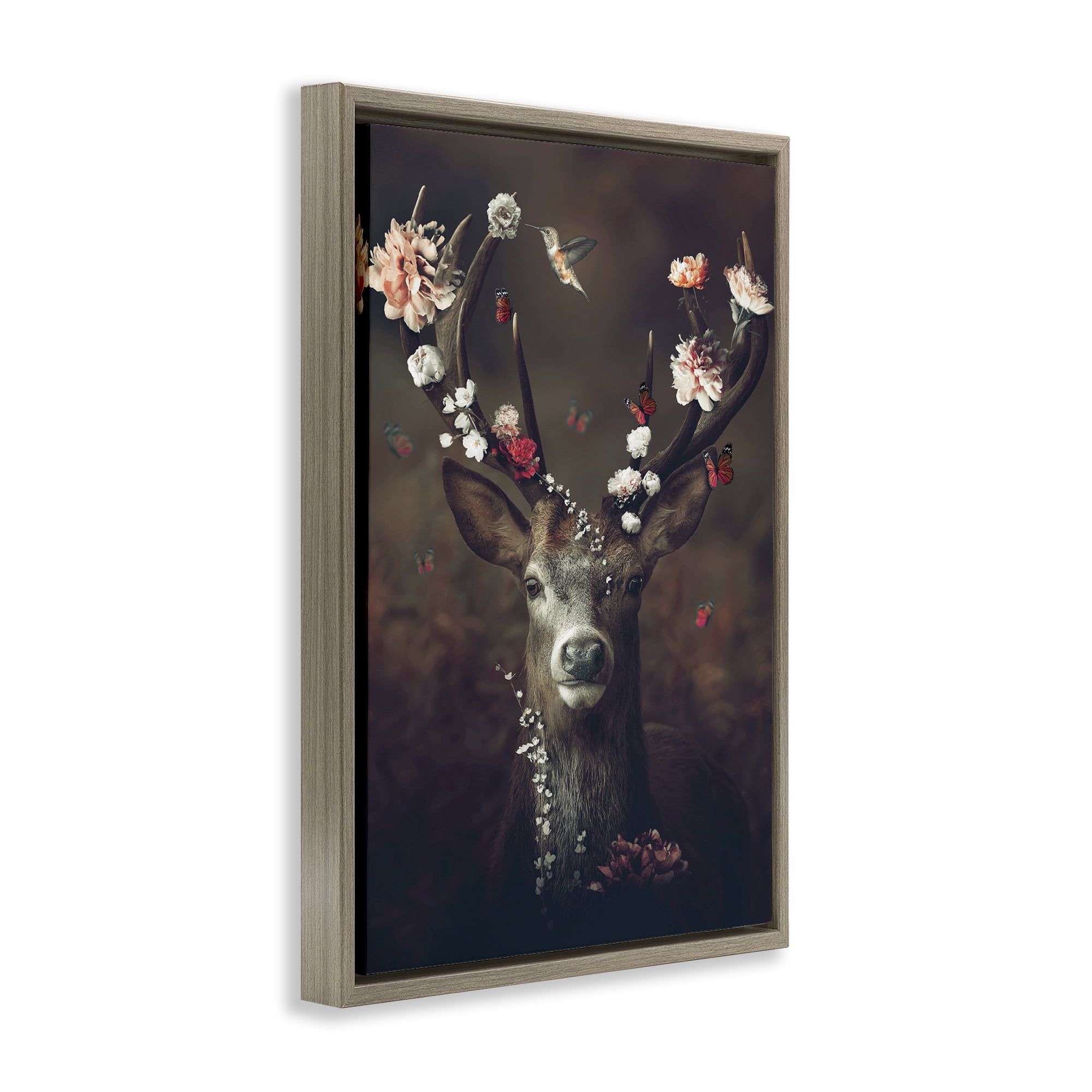 Stupell Industries Flower Bedecked Antlers Animals Painting Brown Floater Framed Canvas Art Print Wall Art, 17 x 25