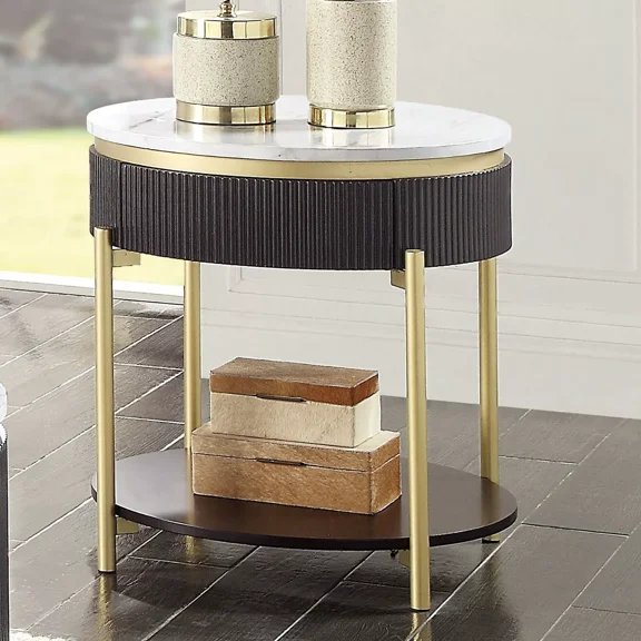 Glam Style Dark Walnut 1pc End Table w Drawer Gold Steel Legs Reeded Side Panel Living Room Table