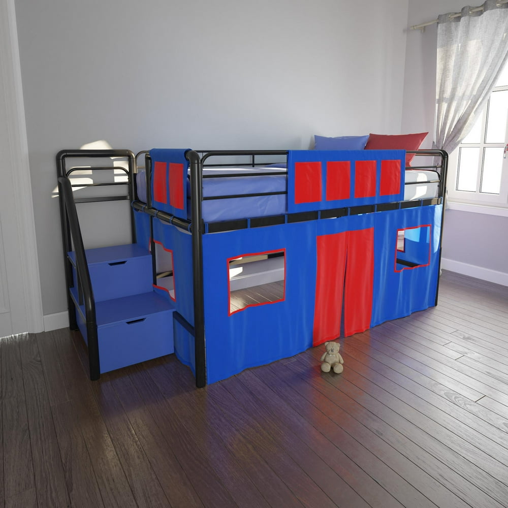 DHP Junior Metal Loft Bed with Storage Steps and Blue Curtain Set, Twin