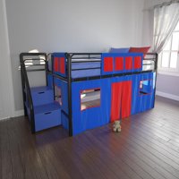 DHP Junior Metal Loft Bed with Storage Steps and Blue Curtain Set, Twin, Black/Blue
