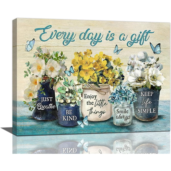 LH137HB-Farmhouse Bathroom Flower Decor Wall Art Every Day Is A Gift Butterfly Floral Inspirational Quotes Pictures Wall Decor Canvas Painting Prints Artwork Home Decorations for Bedroom
