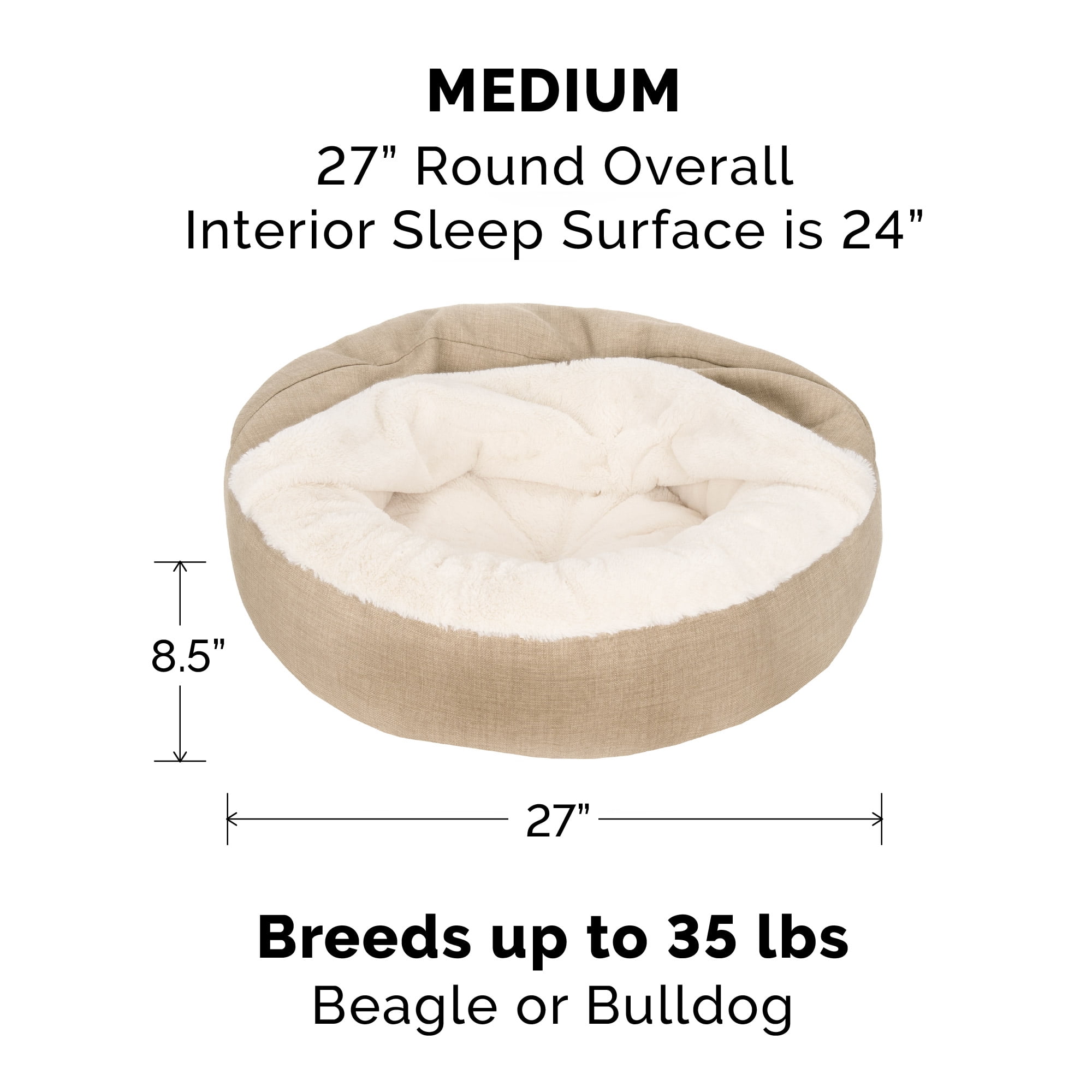 FurHaven Plush & Performance Linen Hooded Donut Pet Bed for Dogs & Cats - Flax, Medium - 27"