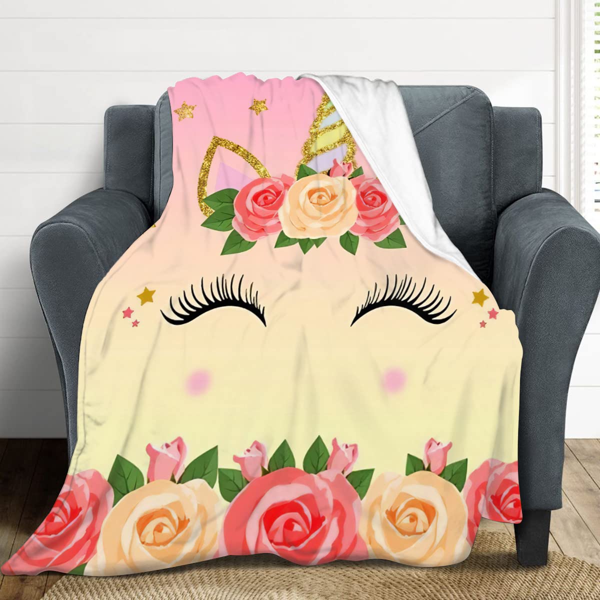 Rainbow Glitter Purple Sparkles Unicorn Flannel Bed Blanket Lightweight