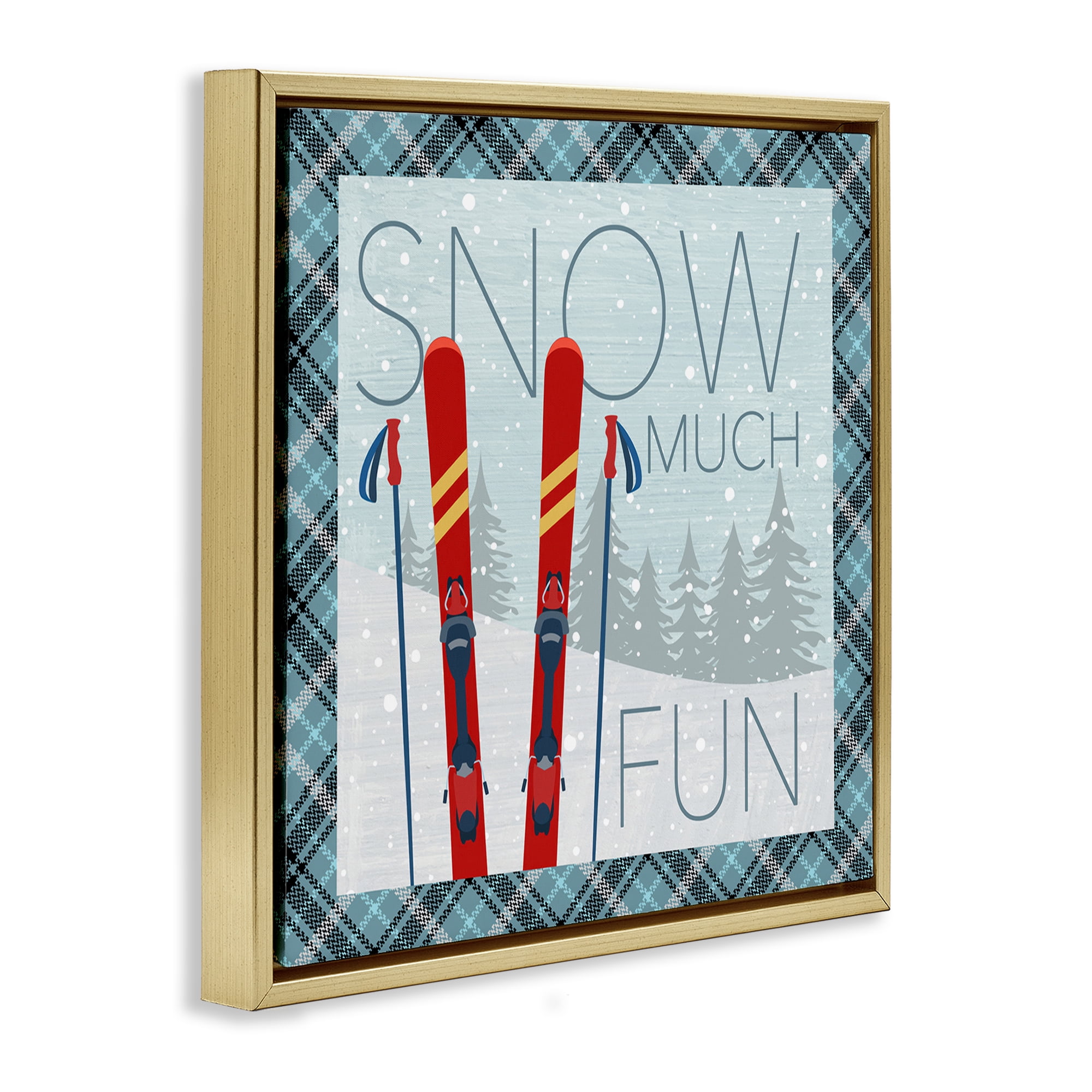 Stupell Industries Snow Much Fun with Plaid Landscape Painting Gold Floater Framed Canvas Art Prints Wall Art, 18 x 18