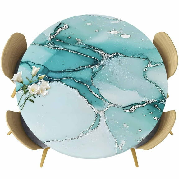 Marble Turquoise Fitted Tablecloth with Elastic Edged, Round Table Cloth for Dining Table, Abstract Nature Cracks Silver Wavy Waterproof Oil Proof Table Cover for Indoor Outdoor 36"-44"