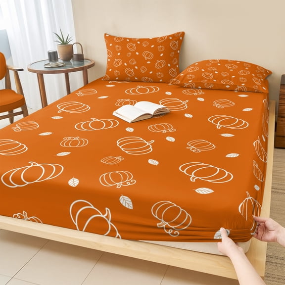 Queen Size Fitted Sheet Set - Fall 3 Piece Bedding Sets 16" Deep Pocket Fitted Sheet with 2 Pillowcases, Burnt Orange Pumpkin Thanksgiving Maple Leaf Brushed Microfiber Hotel Luxury Bed Sheets
