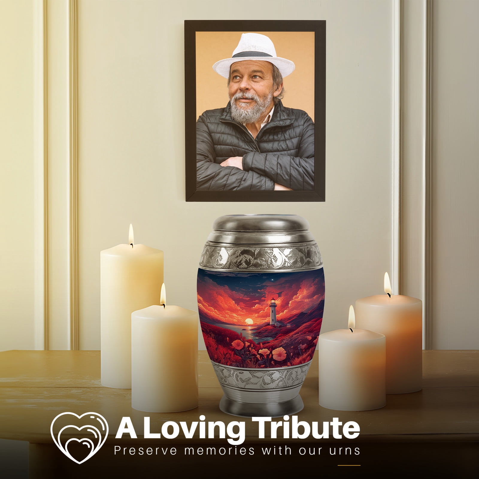 Yatskia Sunset Lighthouse Small Cremation Urns for Human Ashes Adult Men and Women, Large Memorial Urn for Ashes Adult, (Monar 10 Inch and 3 Inch)