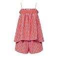 thumbnail image 4 of Women Striped Pajama Set Ruffle Hem Spaghetti Strap Cami Top Wide Leg Shorts Set 2 Piece Pj Outfits Wine L(L), 4 of 8