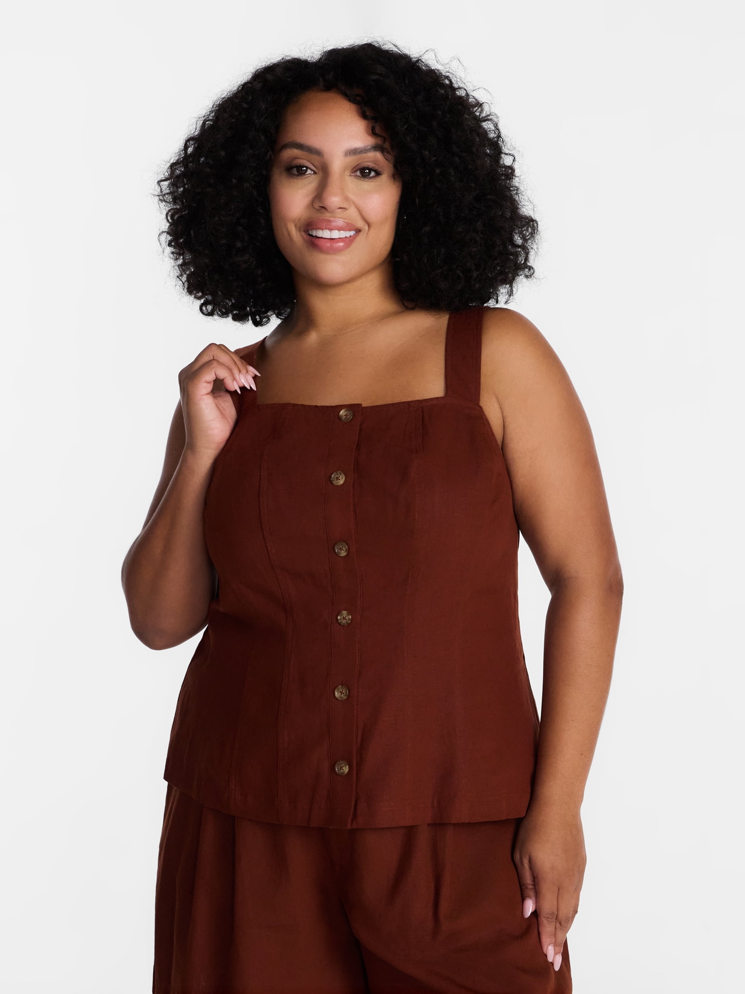 Time and Tru Women's Linen Blend Button Front Tank Top with Adjustable Straps, Sizes XS-XXXL