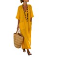thumbnail image 2 of KHONTS Women's 3/4 Sleeve Summer Maxi Dress Plus Size Casual Linen Flowy Beach V-Neck Dress with Pockets Yellow XL, 2 of 9