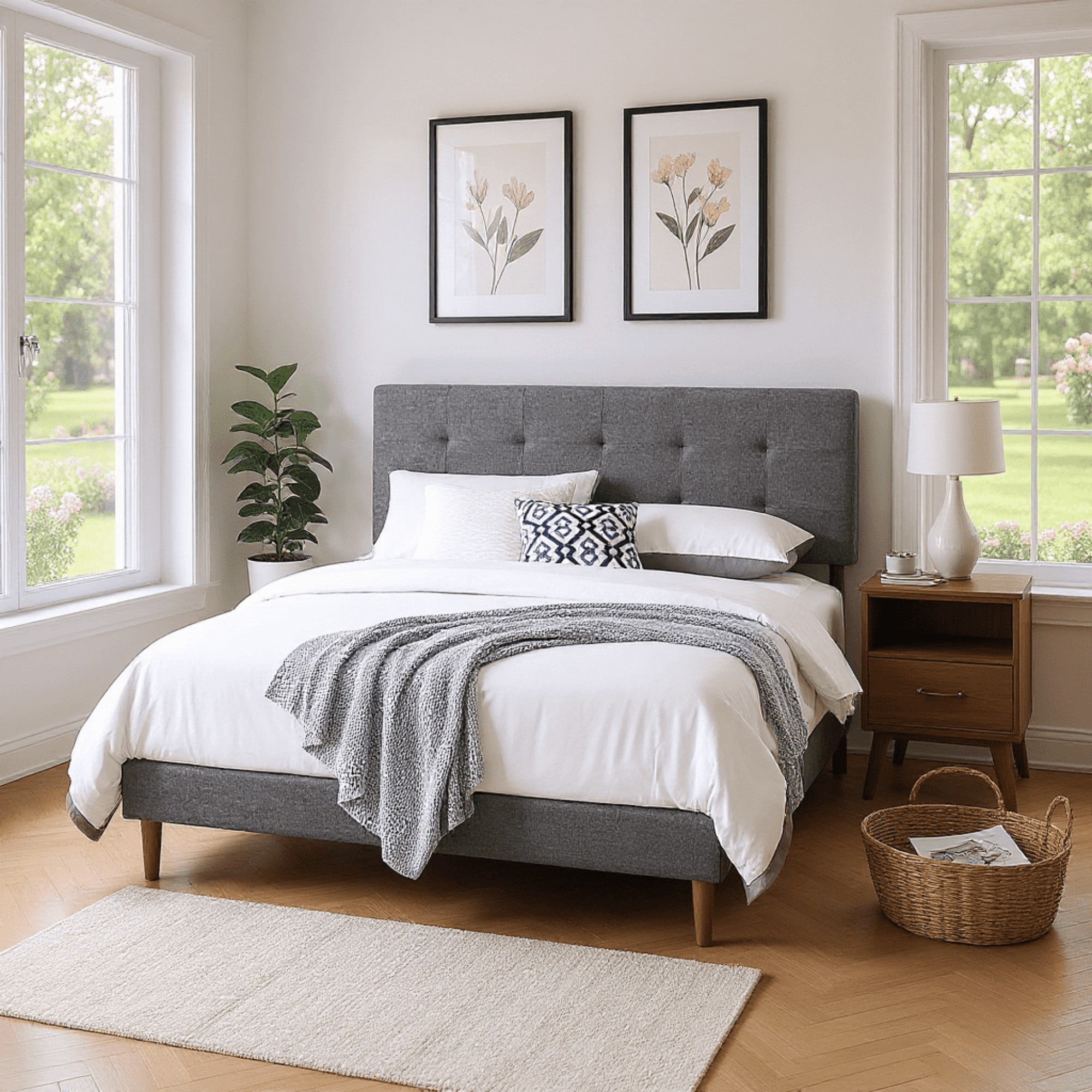 BSHTI Twin-Size Platform Bed Frame with Plush Upholstered Headboard, Adjustable Headboard, Built with an Interior Solid Wood Frame and a Center Support Leg,No Box Spring Needed,Grey