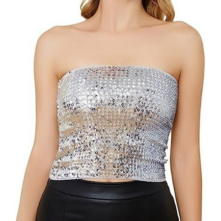 Sparkly Sequin Crop Tops for Women Metallic Tube Tops Strapless Glitter Mermaid Corset Top for Party Club  Christmas  30*30cm-silvery