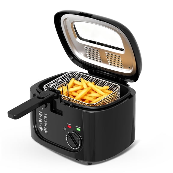 KEINVE 1500W Electric Deep Fryer with Adjustable Temperature Control, 2.5L Non-Stick Basket & Viewing Window, Folding Handle and Locking Cover for Easy Storage, Black