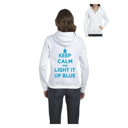 Light Blue Hoodie Sweatshirt Autism Hoodie Keep Calm and Light It Up Blue Autism Awareness Support Autism Event Womens Sweaters Zip Up ()