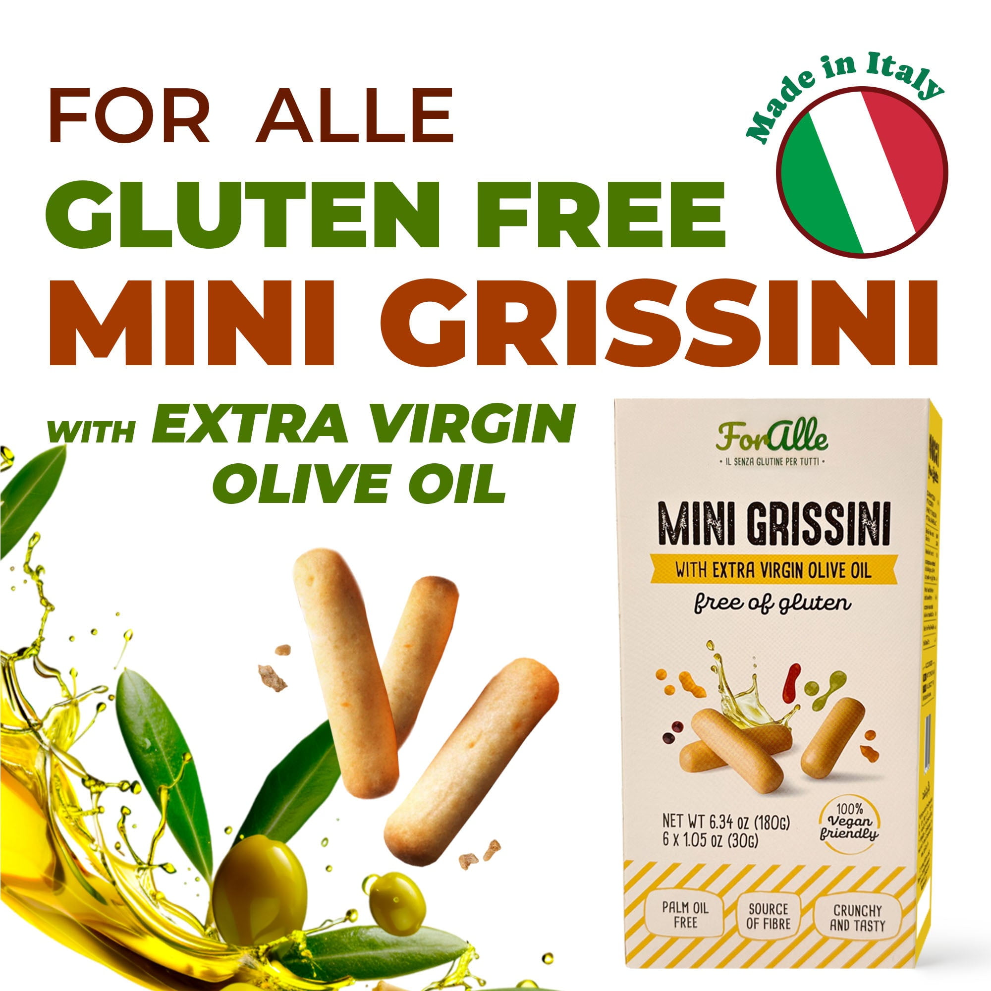 For Alle Gluten Free Mini Grissini with Extra Virgin Olive Oil, 6x1.05 oz (6.34 oz) – Traditional Italian Pugliese Snack. Oven-Baked. Vegan. Cholesterol-Free. (Pack of 2)
