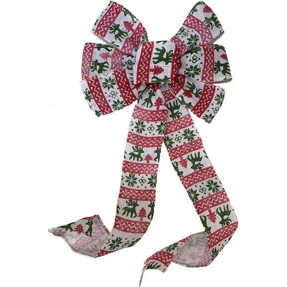 White Fair Isle Christmas Bow - 10" Wide, 18" Long Pre-Tied Bow, Red and Green, Door Decoration, Wreath
