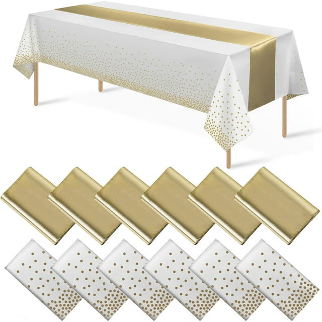 Paquete de 8 manteles de plástico desechables y camino de mesa de satén, mantel de lunares blanco y oro rosa, camino de mesa de satén de oro rosa para bodas, cumpleaños, aniversarios, Navidad, decorac