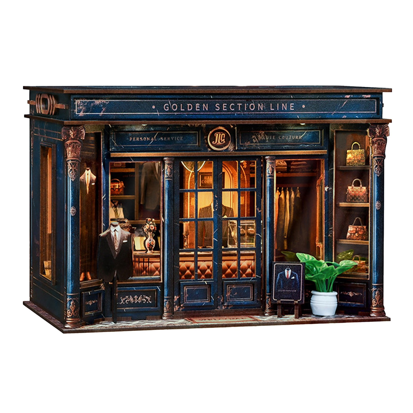 DIY Book Nook Kit - DIY Miniature Dollhouse Kit 3D Wooden Puzzles Gentleman's Clothing Store, Tiny House Bookshelf Decor with LED, Gift for Adults - Golden Section Line