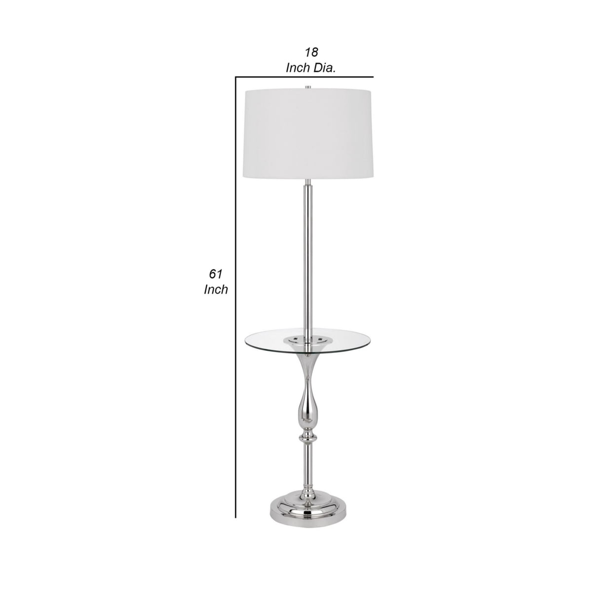 Ava 61 Inch Modern Floor Lamp, Glass Tray Table, 1 USB Port, Glossy, Chrome