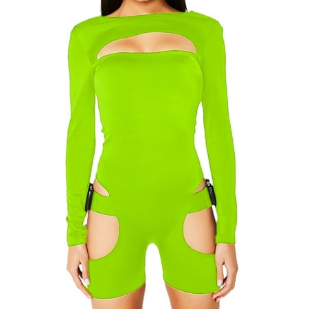 

Frobukio Women Hollow Out Skinny Jumpsuit Biker Bodysuit Solid Long Sleeve Shorts Buckles Clubwear Rompers Fluorescent Green M