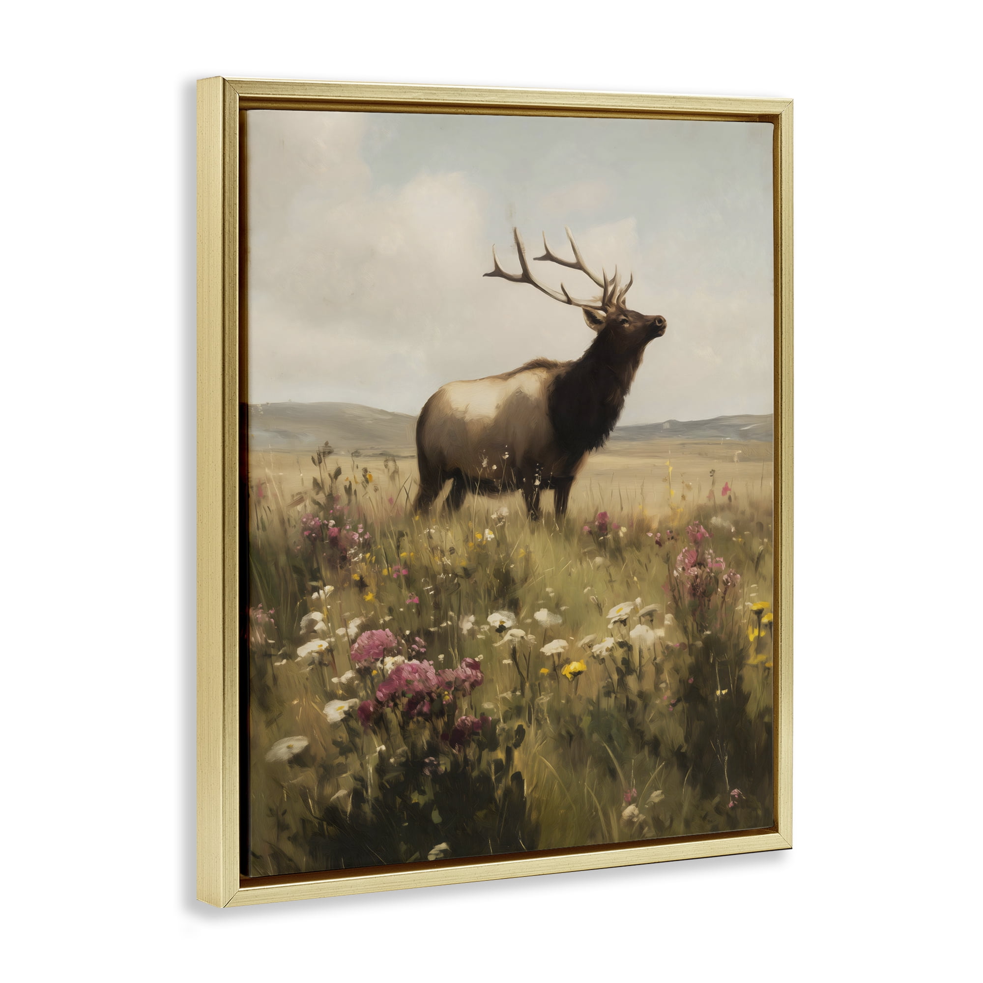 Stupell Industries Elk in the Wildflower Meadow Gold Framed Floater Canvas Wall Art, design by Arlington Prints