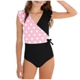 thumbnail image 2 of Xdegoge Girls One Piece Swimsuits V Neck Ruffle Sleeve Full Coverage Bathing Suits Stretchy Fabric Polka Dot Pattern Side Knot Flattering Modest Summer Beachwear, 2 of 8