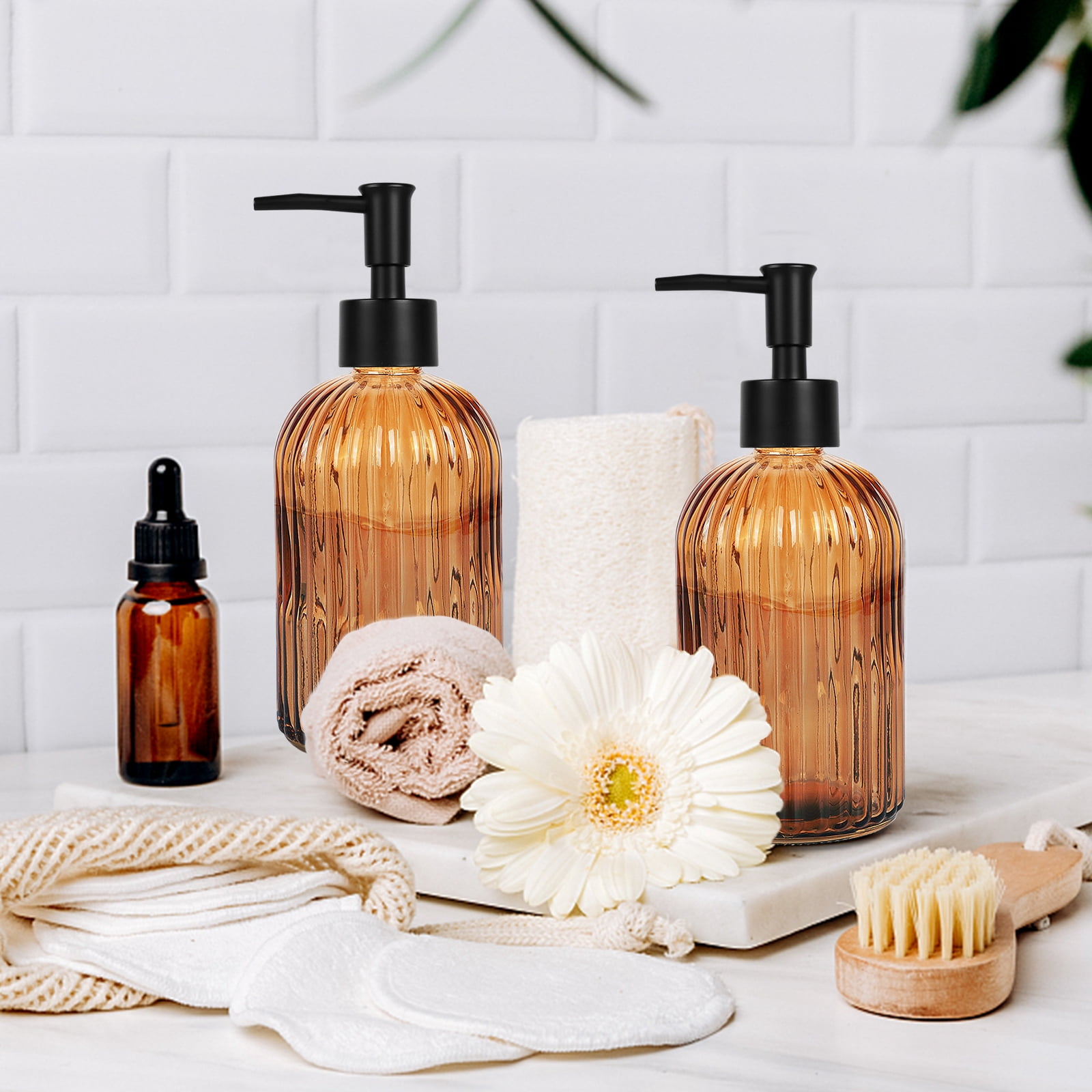 2-Pack 400ML Vertical Striped Glass Soap Dispenser - Amber Brown with Black Pump, Refillable Hand Soap Holder for Bathroom Kitchen Sink