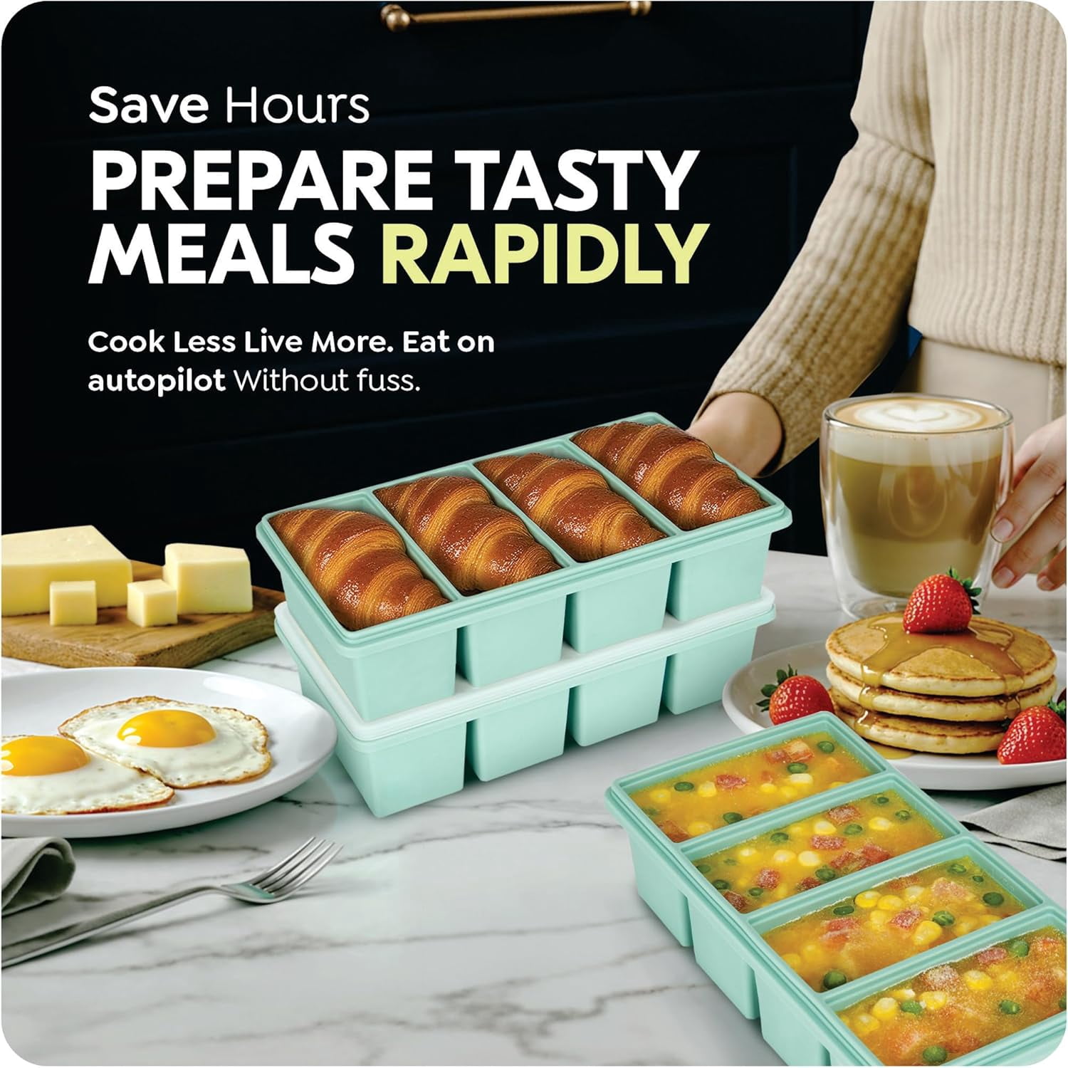 Silicone Freezer Trays with Lids, 1-Cup Soup Container Style Ice Cube Trays for Freezer - Leakproof, Dishwasher,Oven Safe, Stackable, Ideal for Frozen Broth, Leftovers & Meal Prep, BPA Free 2 Pack