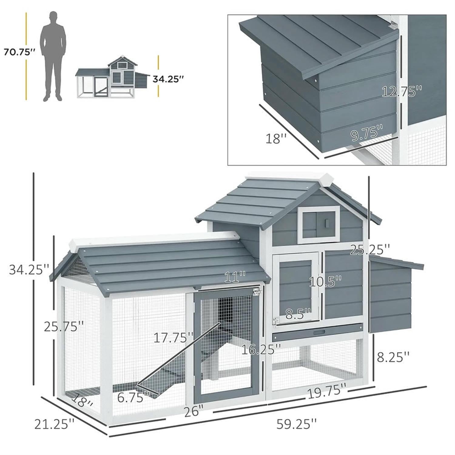 Demi Bonn 59" Wooden Chicken Coop with Nesting Box, Runs, Pull-out Tray, Outdoor Hen House for 2-4 Chickens, Large Rabbit Hutch, Gray+White