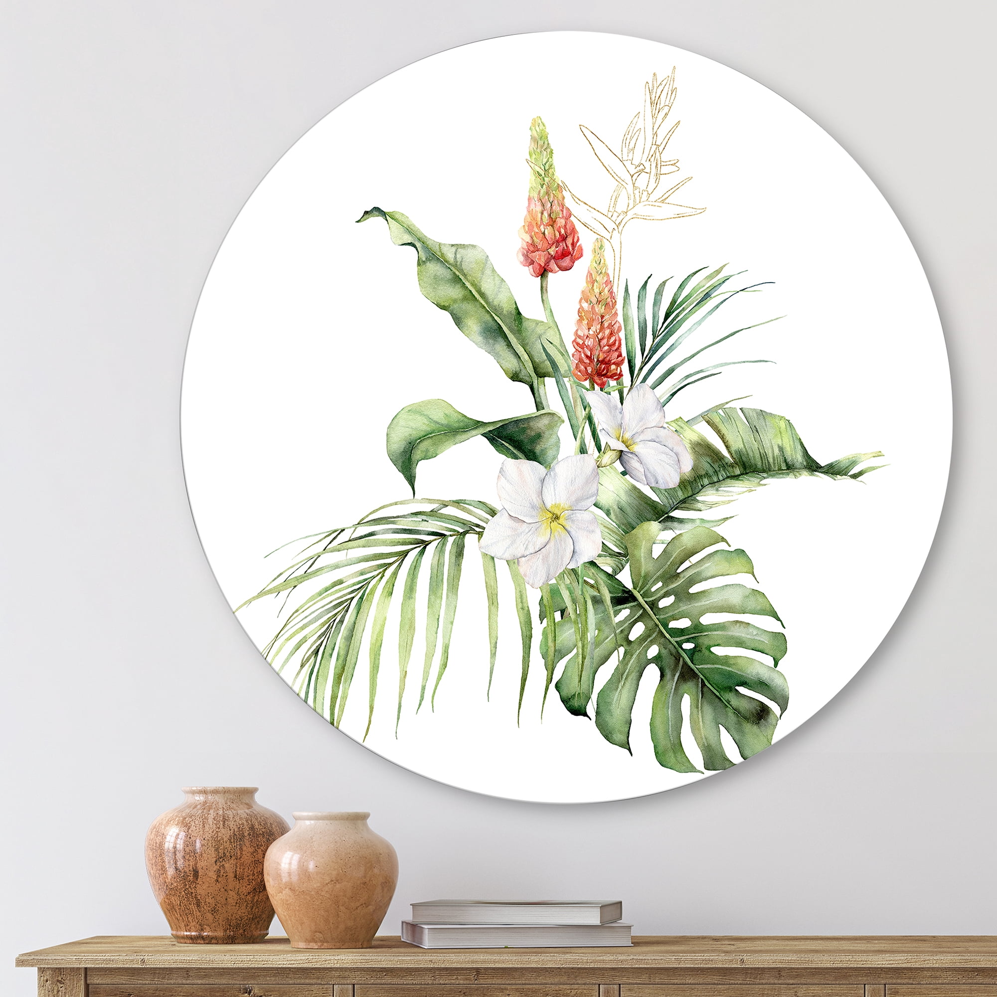 Designart 'Tropical Bouquet With Plumeria Lupine Palm Leaves' Traditional Circle Metal Wall Art 11x11 - Disc of 11