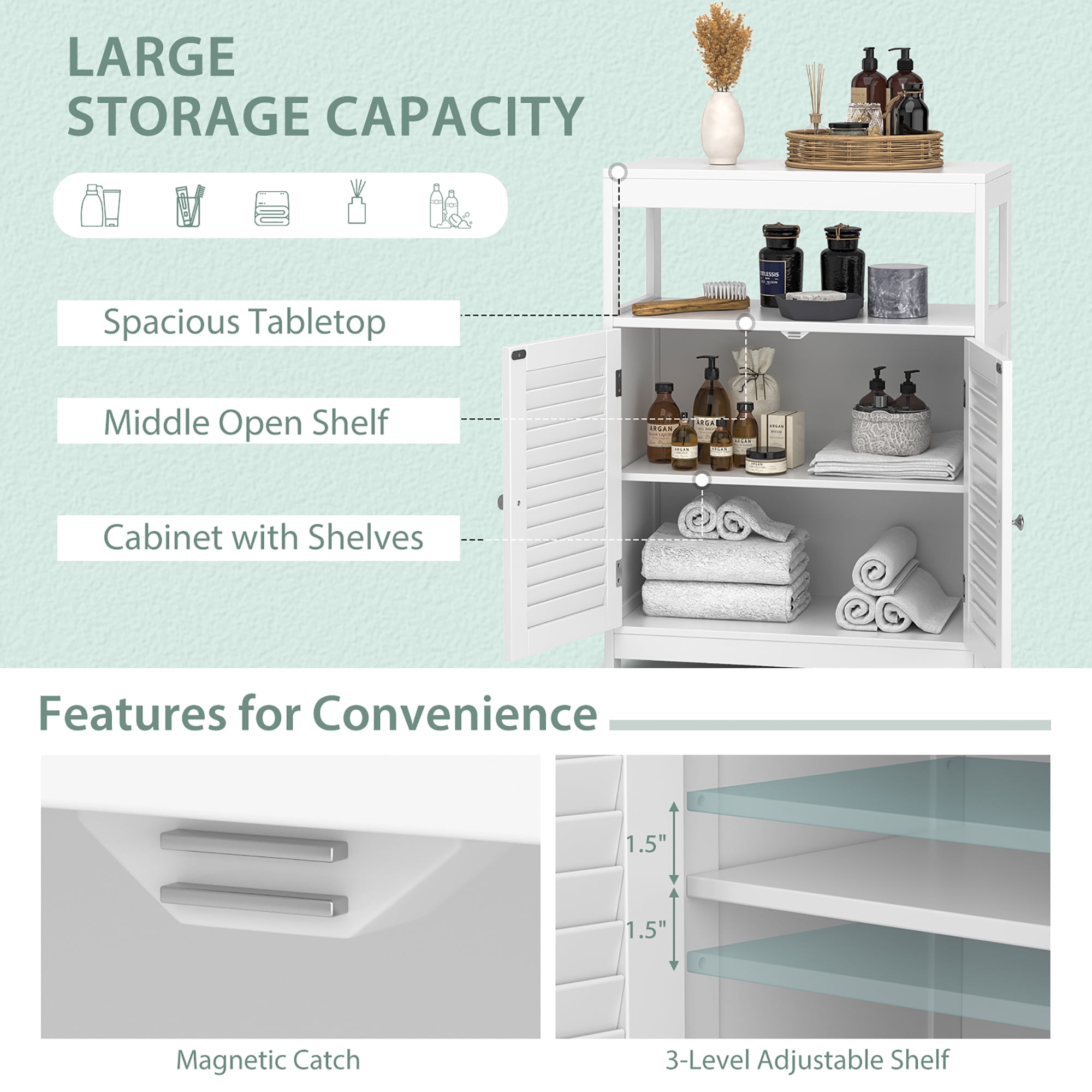Costway Bathroom Floor Cabinet Free Standing Storage Organizer w/ Double Shutter Doors