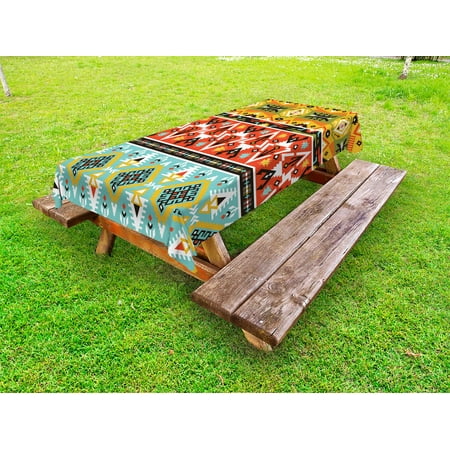 

Tribal Outdoor Tablecloth Love and Adventure Abstract Mountains Pattern with Aztec Ethnic Art Print Decorative Washable Fabric Picnic Tablecloth 58 X 120 Inches Scarlet Mustard Blue by Ambesonne