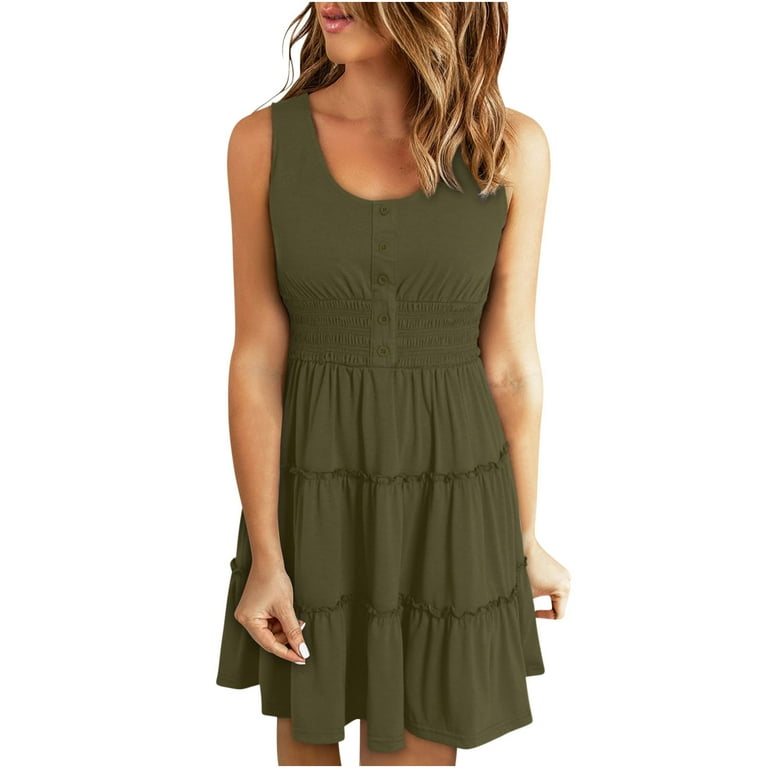 Nrmvnmi Women Summer Dresses Sleeveless Casual Loose Swing Button Down Midi  Dress with Pockets Olive Green-L - Walmart.com
