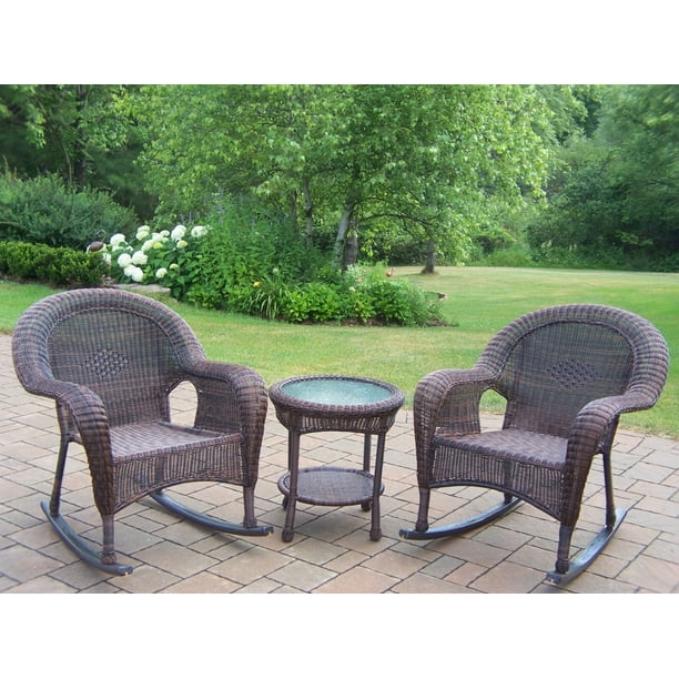 3 Pc. Coffee Brown Resin Wicker Rocking Chair and Side Table Set 42.75