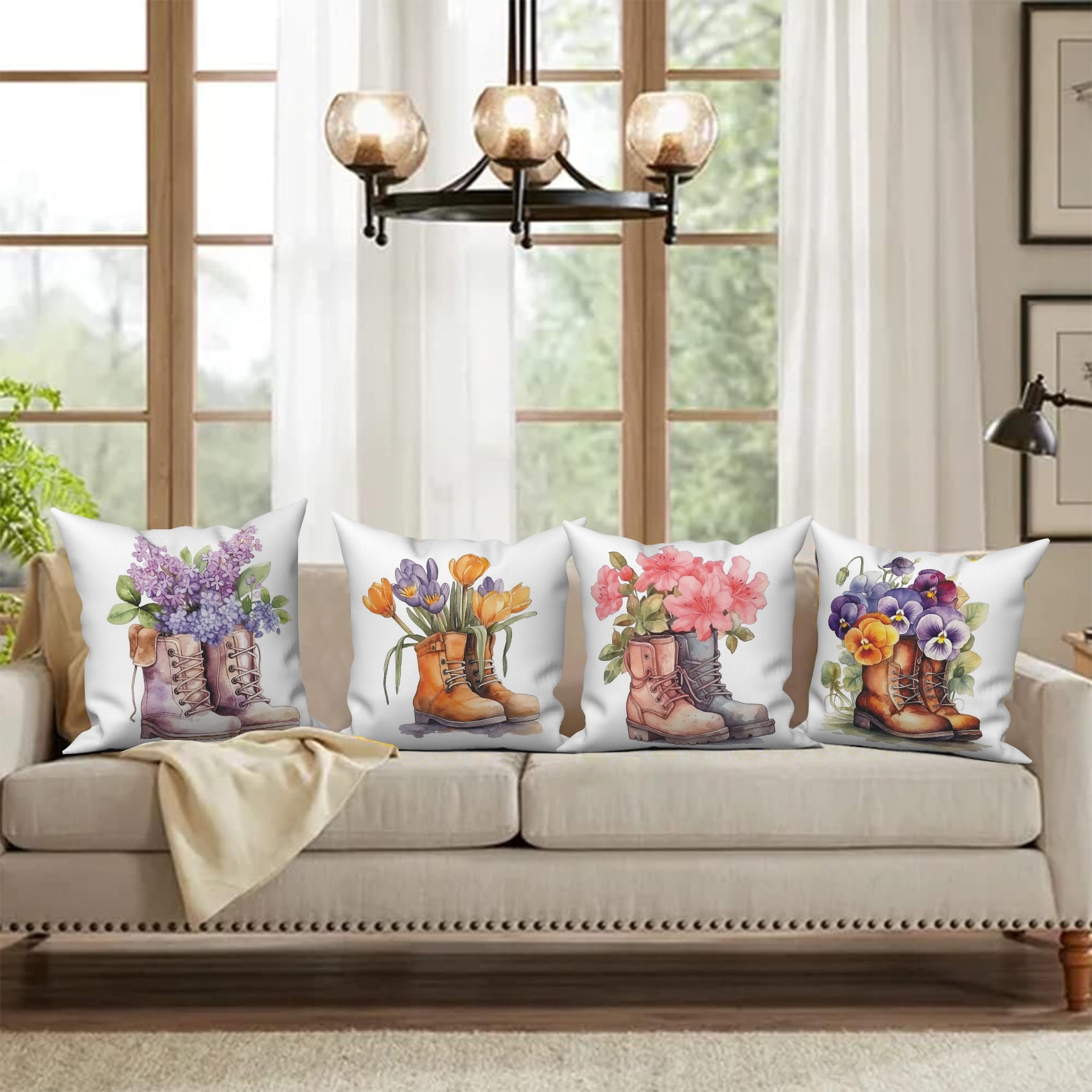 Pbobriich Spring Pillow Covers 16x16 inch Set of 4 Cardinal Floral Throw Pillowcase Linen Sofa Bedroom Living Room Decorations