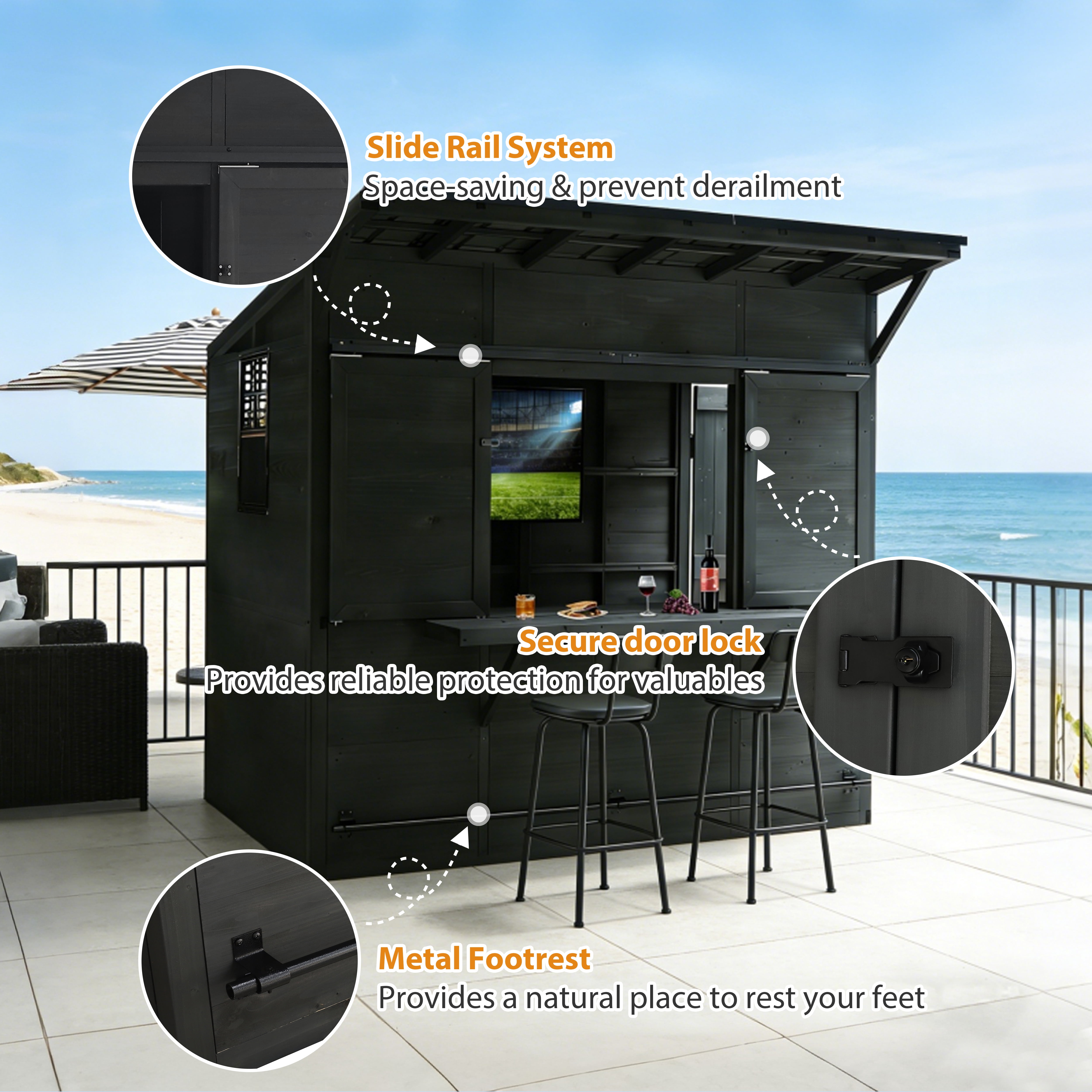 VEIKOUS Outdoor Bar Shed W/TV Bracket, 8'x5' Wooden Backyard Pub with Foldable Bar Counter, Lockable Doors & Storage Shelves, Weatherproof Cedar Farmer Stand for Patio, Garden & Parties