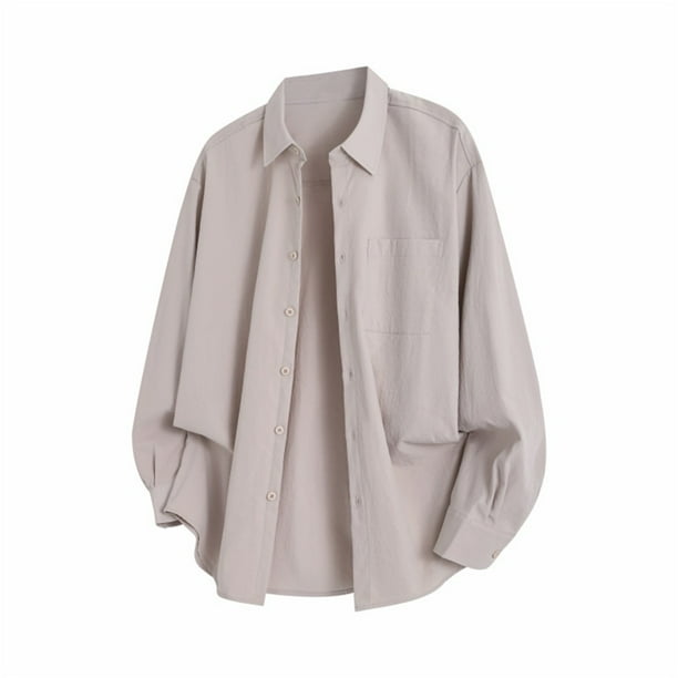 Blusa y camisa de manga larga con cuello vuelto para hombre, color liso, con botones y cuello vuelto, cárdigan de manga larga, blusa de poliéster para hombre