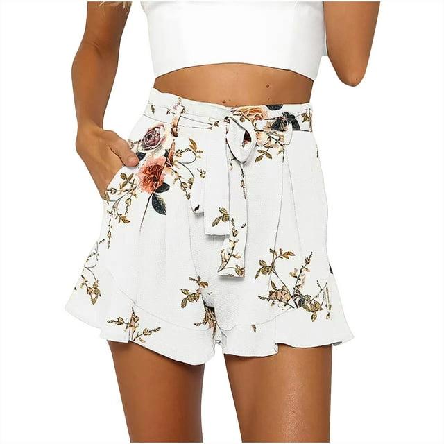 LOVZFMLL Women's Casual Floral Printed With Pockets Elastic Waist Ruffle Shorts White L