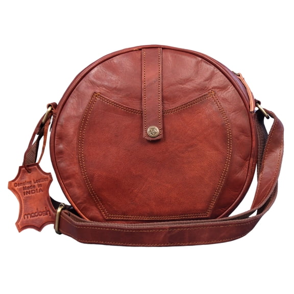 Madosh Women's Genuine Leather Round Crossbody Bag Brown Sling Purse
