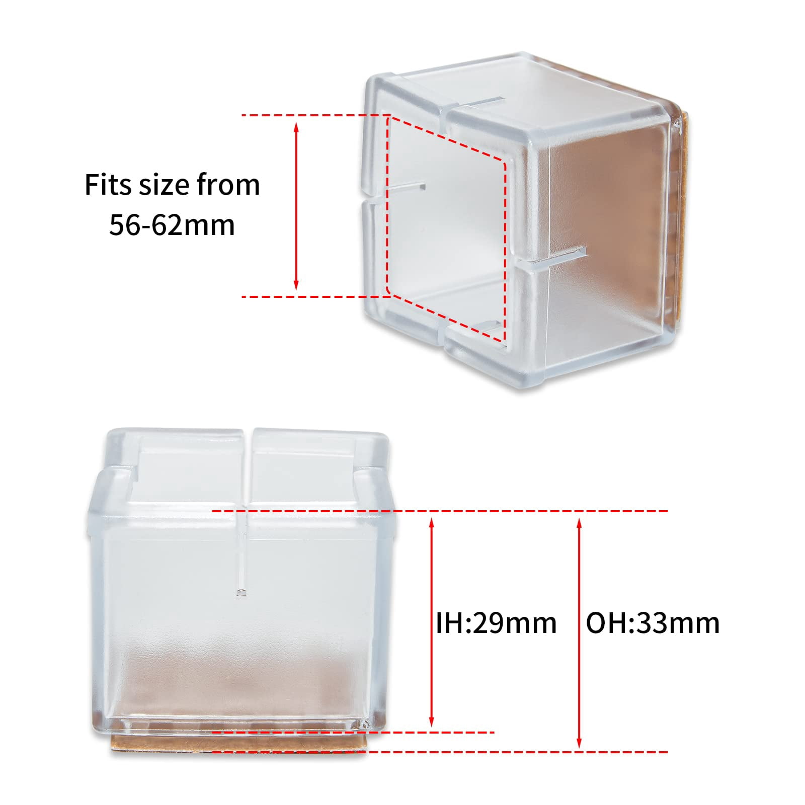 Flyshop 8PCS Square Chair Leg Caps with Felt Pads Durable PVC Protective Feet Cap Prevent Scratches Reduce Noise Felt Furniture Pads, Transparent Floor Protectors, 56 to 62 mm