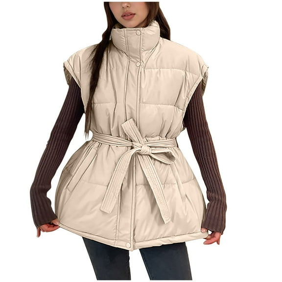 Women Oversized Puffer Vests Sleeveless Stand Collar Zipper Puffy Jackets with Belt Padded Gilet Outerwear Khaki, M