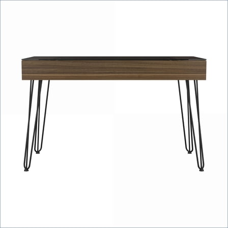 Desks, Industrial Office Desk with Glass Top, Metal Legs, 1 Drawer | Mahogany | Particle Board