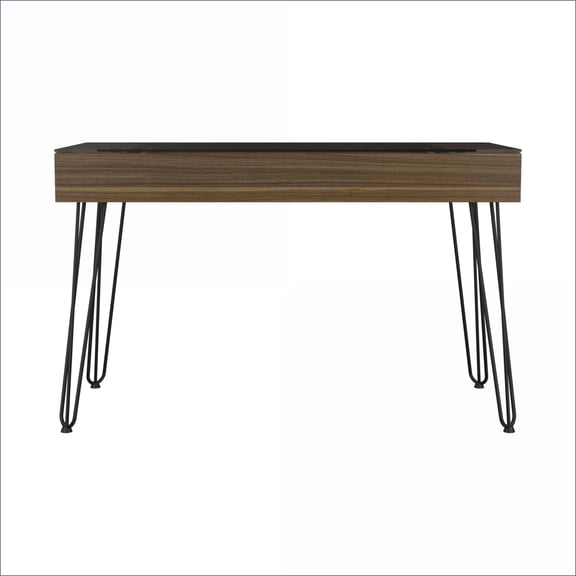 Desks, Industrial Office Desk with Glass Top, Metal Legs, 1 Drawer | Mahogany | Particle Board