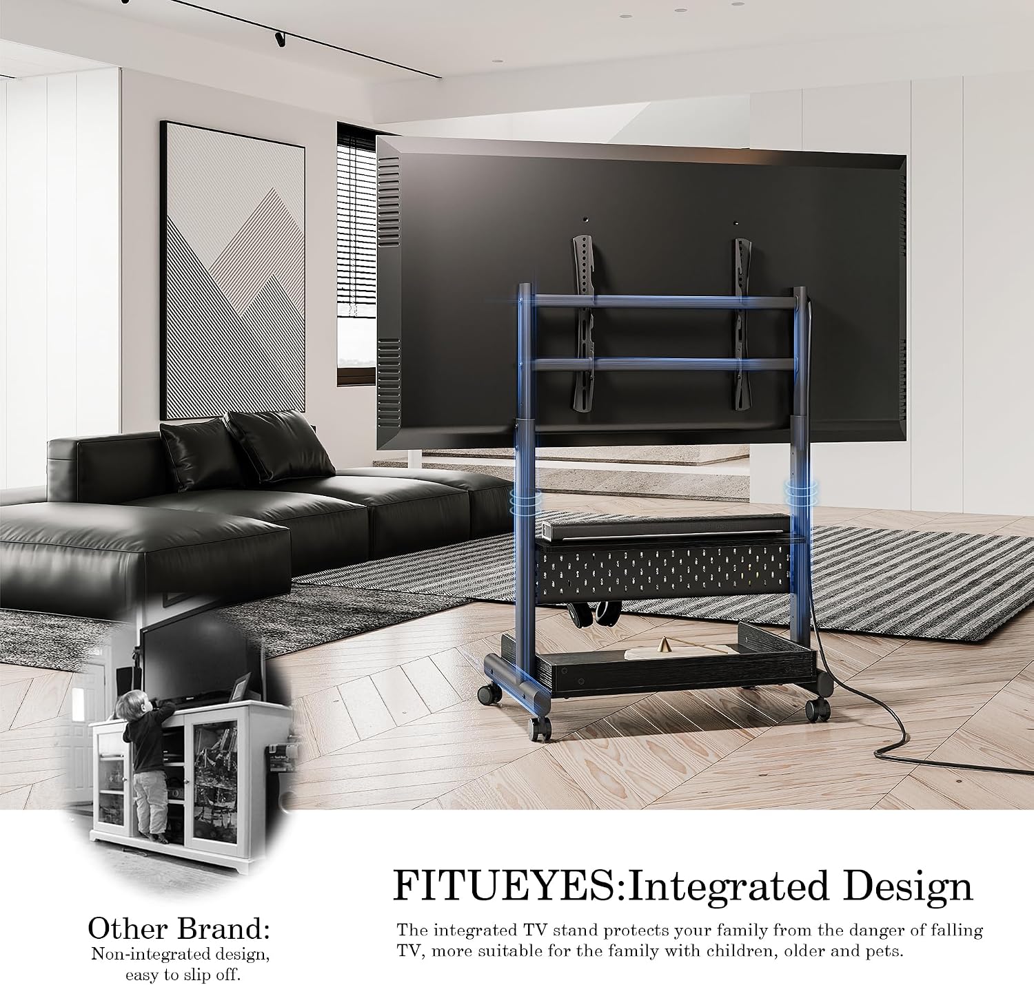 FITUEYES Rolling TV Stand for 40–85 Inch TVs, Black, Wood Shelf & Pegboard